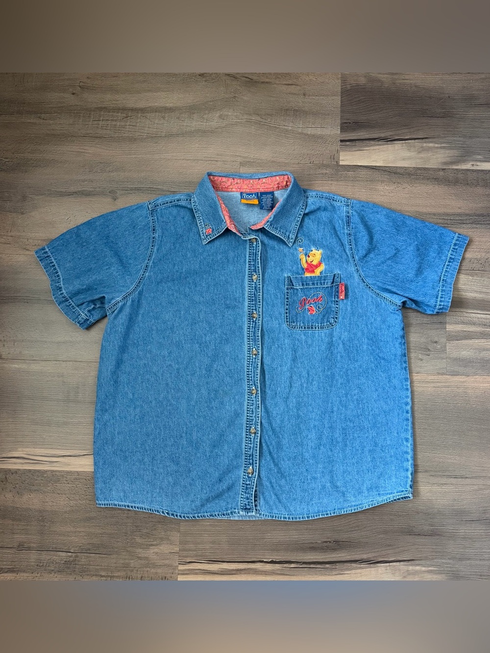 VTG 90s Disney Winnie the Pooh Chambray Fall Leaves Button Down Blouse 18w/20w